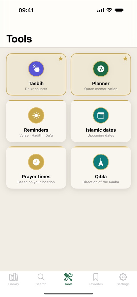 Tools: prayer times, Qibla, tasbih and memorization
