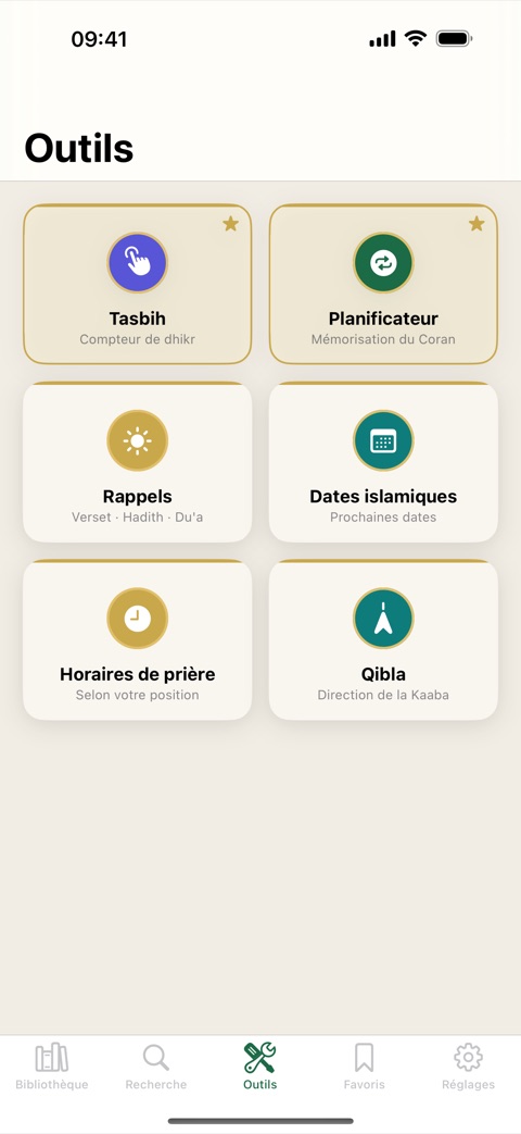 Outils : horaires de prière, Qibla, tasbih et mémorisation