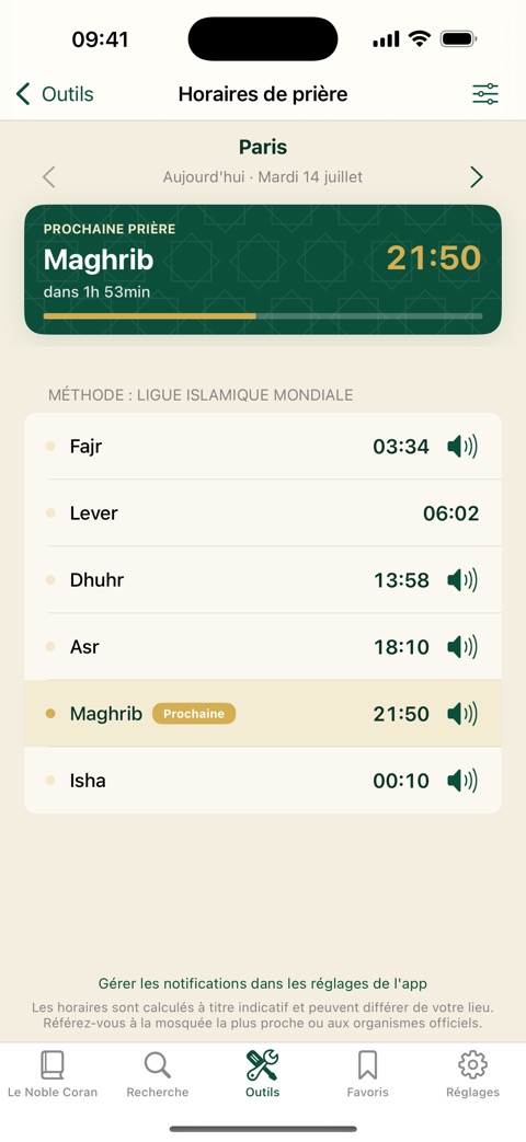 Horaires de prière