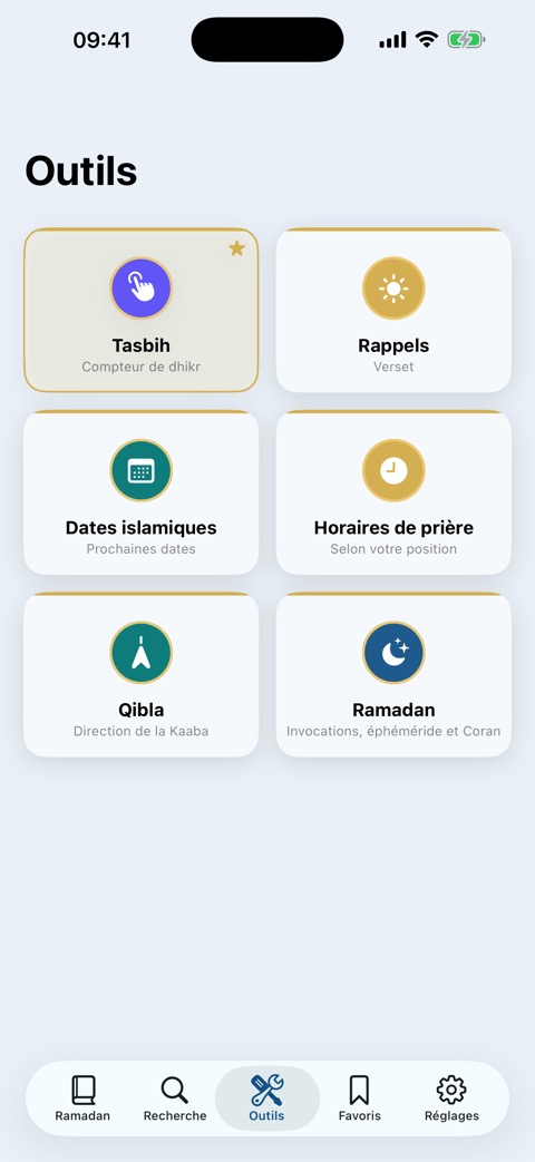 Outils : horaires de prière, Qibla, tasbih