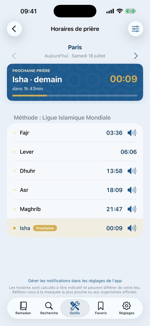 Horaires de prière